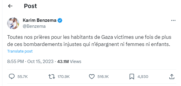 Footballer Karim Benzema supported the oppressed Palestinians